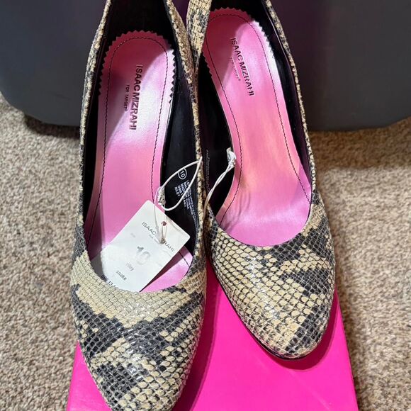 Isaac-Mizrahi Women's 10 Snakeskin Brown Black Print Heels Y2K 2000's Glam - Picture 1 of 8